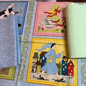 Mother Goose Nursery Rhyme Fabric Lot 5.61 Yards Panel Mint Blue Cotton Quilting